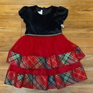 Bonnie Jean Sz 5 Kids Velvet Tartan Tulle Short Sleeve Fit+Flare Party Dress NEW
